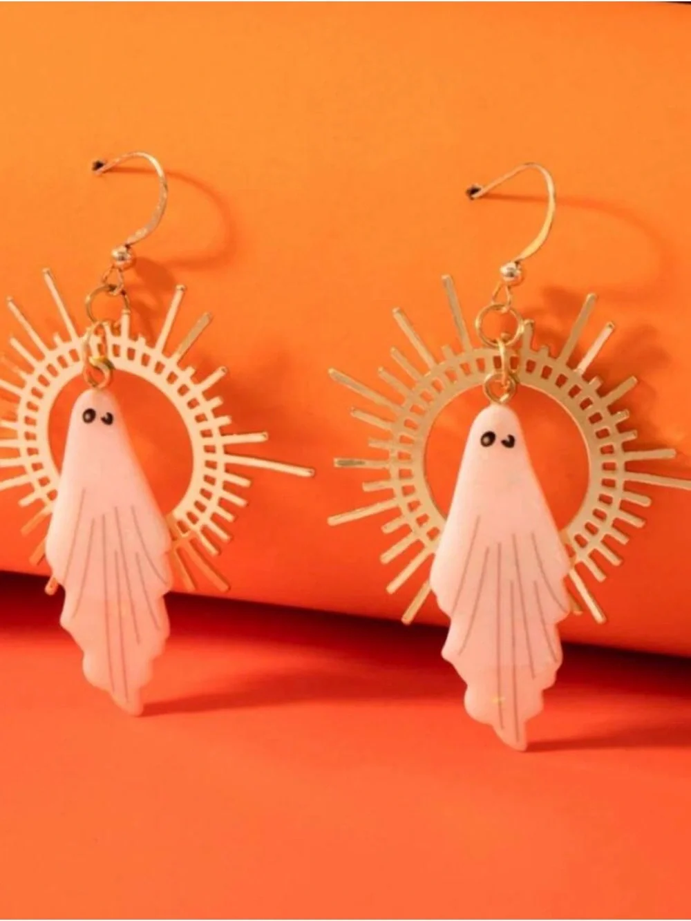 Gold Sunburst Earrings with White Ghost Charm - Women Jewelry